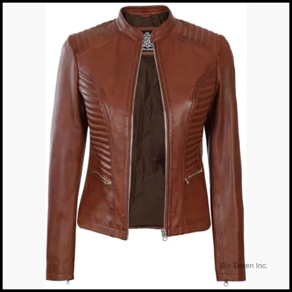 Real Lambskin Leather Jacket Women Slim Fit Long Sleeve Moto Style
